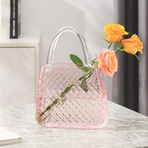 PORPAN Purse Vase, Glass Bag Vase, Glass Purse Vase for Flowers, Pink Vases, 12 Inch Large Flower Vase with Embossed Pattern for Wedding, Living Room, Bedroom, Table, Office(Round)