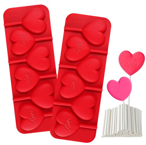 Webake Heart Lollipop Molds 6 Holes Heart Shaped Chocolate Candy Sucker Molds with Lollipop Sticks, Great for Chocolate, Candy, Cake Pop, Cake Decorations, Pack of 2