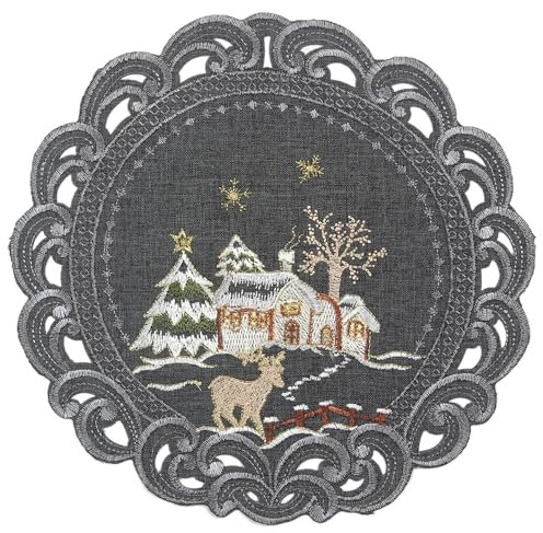 HanaQi Weihnachten Hirsch im Winterlandschaft Tischläufer Leinenoptik ca. 30 cm Rund, Grau