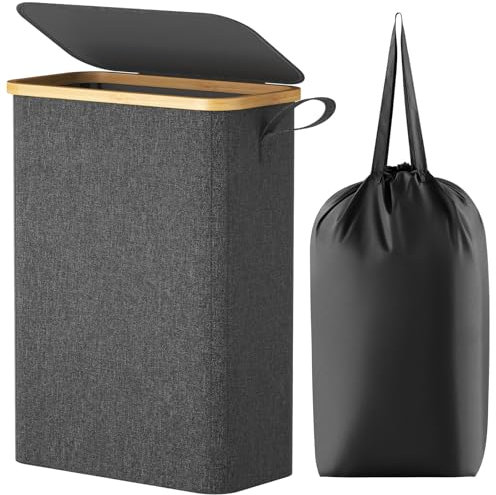 Lifewit 50L Slim Laundry Hamper with Lid, Narrow Laundry Basket with Removable Bag & Bamboo Handles, Fodable Thin Dirty Clothes Hamper for Laundry Collapsible Bin for Bathroom Bedroom Dorm, Dark Grey