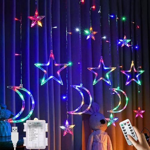 HIQE-FL Tenda Luminosa Luna Stella,3.5M Stelle E Luna Luci A Fata,8 Modalità Di Regolazione,Luci Natale Stelle Tenda Catena,Anniversario,Festa Di Compleanno,Decorazione Ramadan (D)
