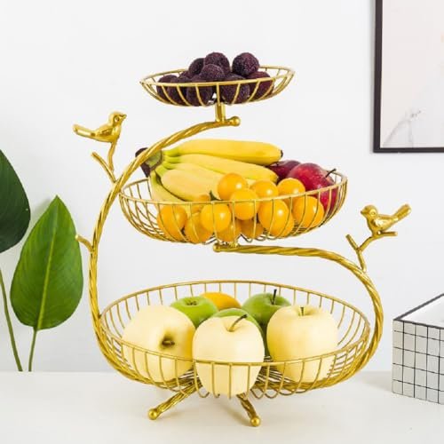 JUNYFFF Grande Corbeille A Fruits 3 Etages - Panier A Fruits A Etages en Métal Décoration Plan De Travail - Coupe De Fruit Design – Corbeille Table Fruits Et Legumes Fraîcheur, Couleur Or