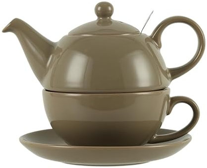 London Pottery Globe Filter Teapot, Cup and Saucer, for One Set, Ceramic, Toffee, for Loose Leaf Tea, Gift (Teapot-16.9 fl.oz/500 ML, Cup-10.1 fl.oz/300ML)