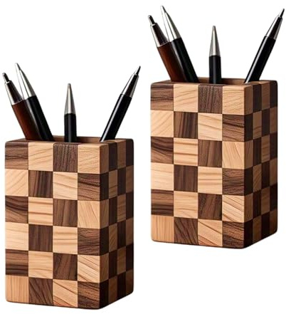Wooden Pen Holder for Desk, 2 Pack — Natural Wood Pencil Pot & Pencil Pots for Classroom, Beech or Walnut Desk Organiser, Makeup Brush Holder & Stationery Cup, Office Home, 7×7×10cm (2 Mosaic)