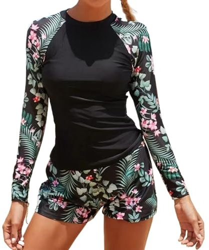 Owntop Dam 2-delat utslagsskydd långärmad baddräkter med hög midja pojkshorts underdel, solskydd badskjorta utslag väst, UV UPF 50+ baddräkt, simning surfing, Svart, XL