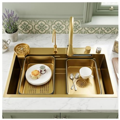 KOOGIDDR 80 x 45 cm Golden Stainless Steel Sink Nano Kitchen Sink, Multifunctional Bar Sink, Kitchen Sink with Accessories such as Extendable, 1 Basin, Built-in Sink, Kitchen Sink with 5 Tap Holes
