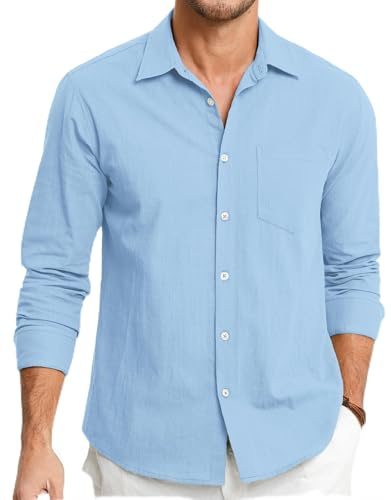 HISDERN Chemises en Lin et Coton pour Homme Manches Longues Décontractée Boutonnées Légères Été Chemise Coupe Régulière de Plage Casual Shirts avec Poche