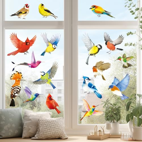 DECOWALL CDS4-9003 17pcs Beautiful Birds Static Cling Window Stickers Reuseble for Prevent Glass Clings Flying Anticollision Bird Strike Window Decals - Double Sided Print