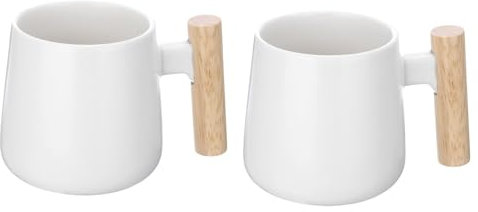 QUARKZMAN 2 Tazas de Café de Cerámica de 12.85 Oz con Asa de Madera Simple, Tazas de Café Grandes Hechas A Mano de Cerámica para Té para Oficina, Hogar y Regalos, Blanco