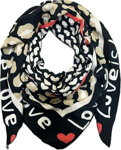 Écharpe triangulaire XL en tricot motif cœur léopard printemps écharpe 100 % coton fabriqué en Italie mode écharpe triangulaire automne printemps foulard léopard love is love happy, Noir , 190 x 85 cm