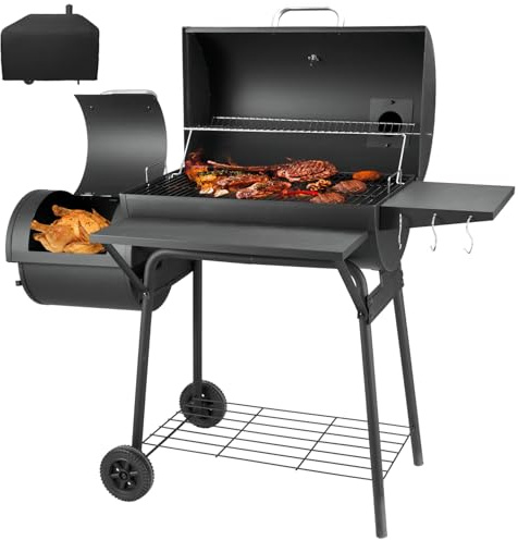 Kendane Charcoal BBQ Grill with Offset Smoker - Charcoal Barbecue Large Oil Drum Barbecue Barrel Grill for Outdoor Garden