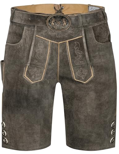 Schöneberger Traditionell couture läderbyxor, korta med kostymbälte, kostymläderbyxor för oktoberfest, original nubuckläder, Tegernsjön, Mörkbrun, 52