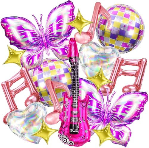 Rosa Musik Folienballons Kit, 16 Stück Folienballon Musik Disco, Gitarre Musiknoten Discokugel Schmetterling Herz Stern Luftballon, Sänger Luftballons für Geburtstags Disco Musik Party-Dekoration