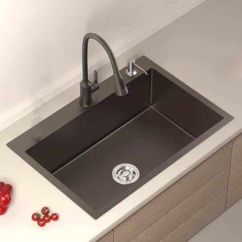 Schwarze Küchenspüle Aus Edelstahl, 68 * 45cm Einbecken Nutzbecken Mit Armatur, Einbau Waschbecken, Einbecken Barspüle Rechteckig(60 * 45cm/24 * 18in)