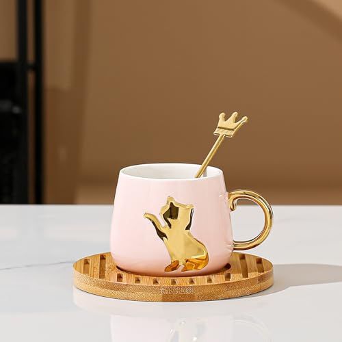 MAGICVOGEL Lustige Katze Kaffeetasse 170ml Keramik Espressotasse mit Löffel und Untertasse Niedliche Cappuccinotasse Geschenke für Frauen Katzenliebhaber Mädchen Männer Kinder (Rosa)