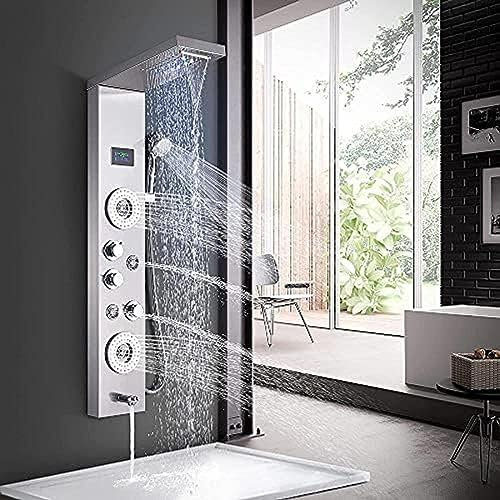 Système de douche , Panneau de douche de salle de bain Système de tour Affichage de la température à LED Jets de massage corporel Ensemble de douche Pommeau de douche à effet pluie cascade 6 fonctions