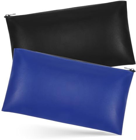 Banktasche Leder, 2 Stück 28 × 15.5 Cm Geldmappe Mit Reissverschluss, Geld Aufbewahrung Geldbeutel, Geldtaschen Banktasche, Leder Bankmappe Für Haushalt, Business, Schule (Schwarz, Blau)