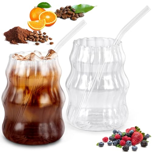 ZONJIE Lot de 2 tasses à café vintage en verre nervuré transparent avec paille pour café glacé, jus, lait