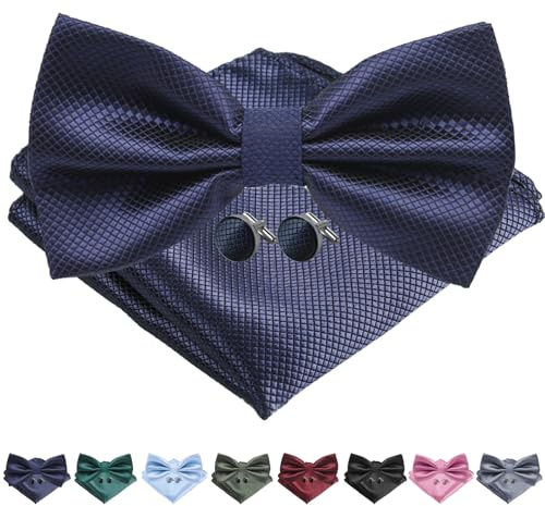 AUNGCSHE 4 PCS Couleur Unie Nœuds Papillon Homme, Avec Boutons de Manchette et Pochette Avec Coffret Cadeau, Ldéal pour Les Mariages, Les Réunions, Les Soirées et Les Fêtes(Bleu marine)