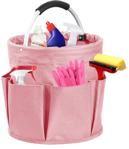 Lotvic Cleaning Caddy Organiser, Cleaning Caddy with Handle, Foldable Cleaning Bag, Large Capacity Cleaning Products Organiser, Cleaning Storage Bag for Indoor and Outdoor, 11x11in (Light Pink)