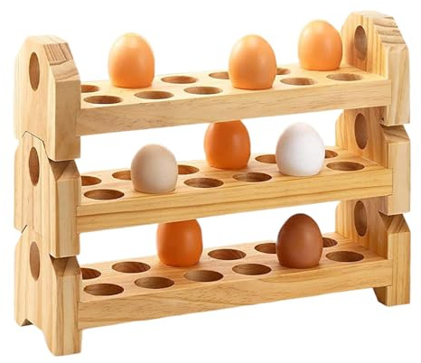 Portauova, contenitore per uova in legno, 35,5 x 15,2 x 10,2 cm, scaffale impilabile a tre ripiani, in legno naturale, organizer per cucina, fattoria, negozio, appartamento, ristorante, casa