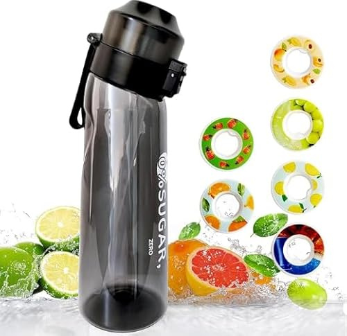 Générique Gourde de sport (650 ml) pour l'école, la gym et le fitness - Avec 7 dosettes aromatiques sans sucre et paille - Noire - Avec goût - Convient également pour les enfants/garçons