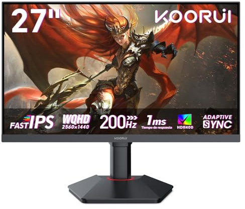 KOORUI G2722P Monitor Gaming QHD de 27 Plano, Fast IPS, 200Hz, 1ms, Altura Ajustable (2560x1440, HDR 400, 400 nits, 95% DCI-P3, HDMI, DisplayPort)