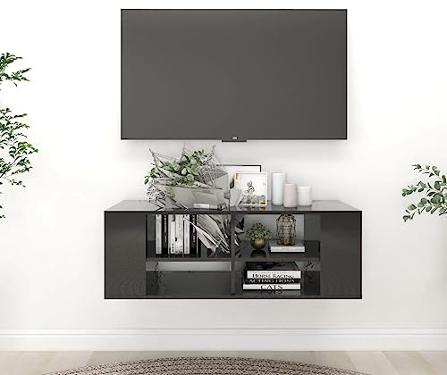WKIEQACO Meuble TV mural en bois laqué noir brillant 102 x 35 x 35 cm