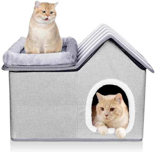 Thihome Doppelstöckiges Katzenhaus für Innen, 51 x 39 x 41 cm | Katzenhöhle mit Oberer Liegefläche & Weichem Plüchkissen | Rutschfest, Waschbar, Stabil & Faltbar | Haustierhaus für Katzen