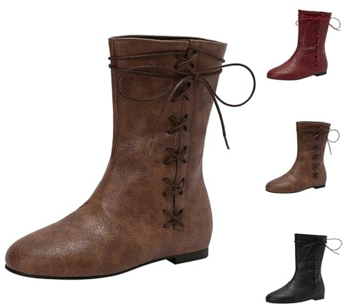 Halva vaden snörningsstövlar kvinnor – stövlar i mitten av vaden män – retro brittisk stil stövel mode vardagsskor med skosnören skor platt botten sko unisex västerländsk lädersko vinterstövlar för