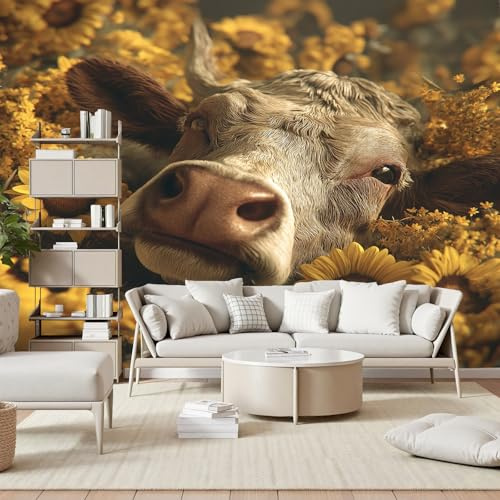Gaqinhh Bœuf Animaux de Ranch Papier Peint Panoramique, Sonnenblume Blumenwiese Papier Peint Intissé, Tapisserie Murale Cuisine Salle de Bain, Décoration Murale Chambre, 150 x 105 cm