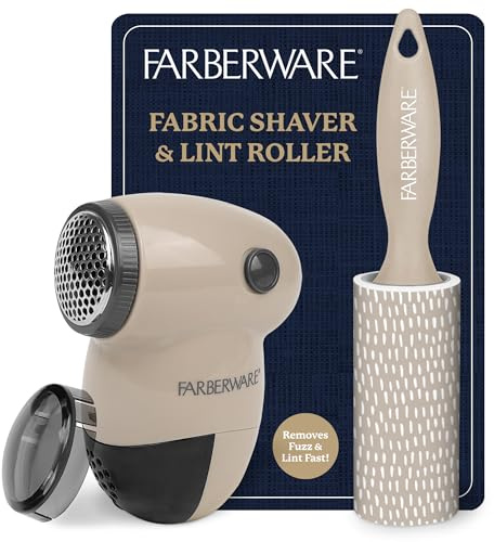 Farberware Fabric Shaver & Lint Remover Set – Battery Operated Sweater Shaver with Triple Blades and Extra Sticky Roller for Pet Hair, Fuzz & Pilling on Clothes, Upholstery & Bedding