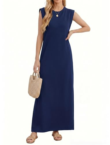 Enmain Vestito Estivo Donna Lungo Elegante Senza Maniche Collo Rotondo Vestiti Casual da Donna Blu Navy con Tasche Laterali e Fessure Elastico Anti-Rughe Abito per Vacanze Tempo Libero Taglie L