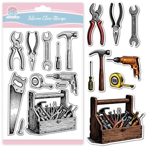 GLOBLELAND Werkzeugkasten Stempel Set, Transparente Silikonstempel, 16x11cm, Schraubenschlüssel-Design, für Scrapbooking und Kartengestaltung