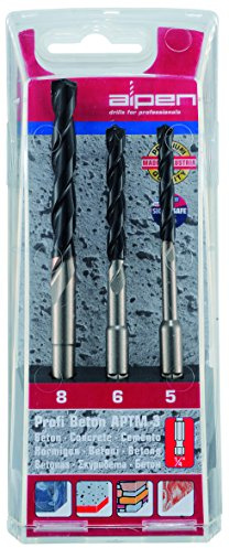 alpen Hartmetall-Betonbohrer Profi Beton, 1/4 Zoll Sechskant-Schaft, 1 x durchmesser 5, 6, 8 mm als 3-teiliger Satz in der Kunststoffkassette, 101803100