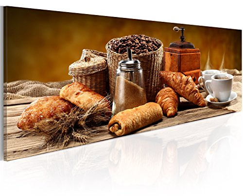 murando - Leinwandbild Croissant Kaffeetasse, 120x40 cm, 1-teilig, modern | Hochwertige Leinwand, sofort aufhängbar, ideal fürs Wohn- oder Schlafzimmer, wasserfest und lichtecht, langlebig, stilvoll