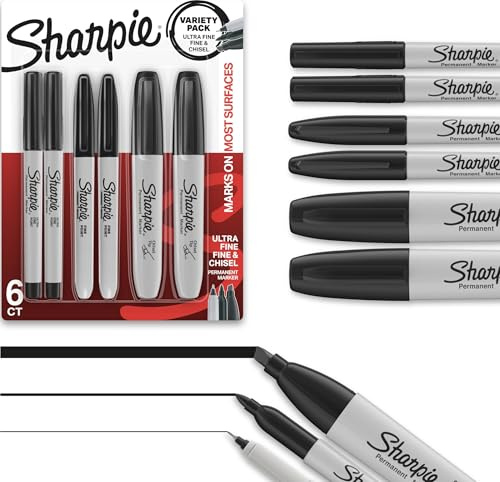 Sharpie Permanent Markers Variety Pack, Includes Chisel, Fine, and Ultra-Fine Tips, Marker Set, Writing, Coloring, Poster, Office, School Supplies, Black, 6 Count