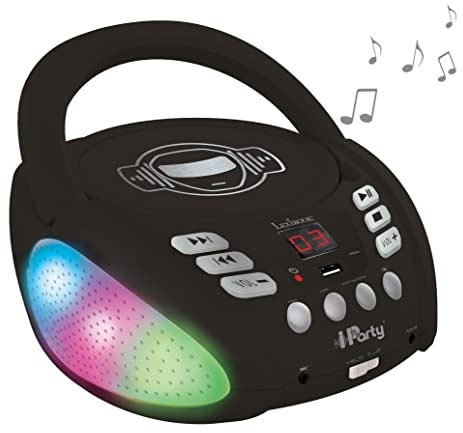 Lexibook, iParty, Reproductor de CD con Bluetooth, Portátil, Efectos de luz Multicolor, Micrófono, Toma Auxiliar, Funciona con Pilas o CA, Niñas, Niños, Negro, RCD109BK