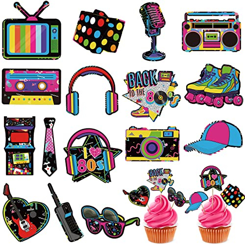 32 Stücke 80er Cupcake Topper 80er Thema Geburtstag Party Dekorationen für Erwachsene 80er Party Dekorationen Volles 1980er Party Zubehör DIY Dessert Toppers Rollschuh Kuchen Topper (80s Style)