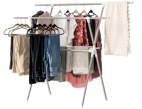 IRIS USA Foldable Drying Rack with Extendable Rods for Large Laundry Loads, Clothes Drying Rack, Freestanding Foldable Laundry Rack, Anti-Skid Feet, Portable and Storable, Silver