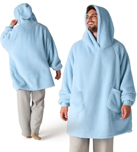 BEDSURE Hoodie Decke mit Ärmeln Hellblau - 107x90cm | Weiche, Warme Kuscheldecke mit Ärmeln, Tragbar mit praktischen Taschen, ideal für Couch & Winter