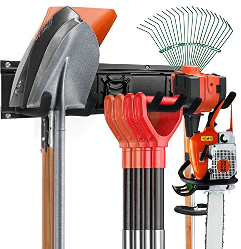 Tool Rack Kits, Garage Wall Organization Hanger with 1 Mop Hook and two 8-inch Multi-Purpose Hooks, Garden Yard Shovels Rakes for String Hedge Trimmer Brooms Hoses Folding Chairs ladders, and More