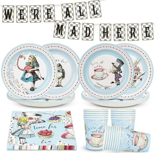 Talking Tables 5pcs Alice in Wonderland Party Set for 16 Guests Plates Napkins Cups & Double Sided Bunting Mad Hatter Tea Party Decorations for Mother's Day Birthday Baby Shower Afternoon Tea | Includes plates, cups, napkins, bunting, and table cover, ideal for birthdays, baby showers, and afternoon tea