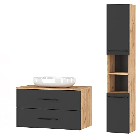 Planetmöbel Set completo di mobili da bagno Set | completo di mobili da bagno 4 pezzi da 90 cm con lavabo da appoggio e mobile alto, nei colori rovere oro/antracite