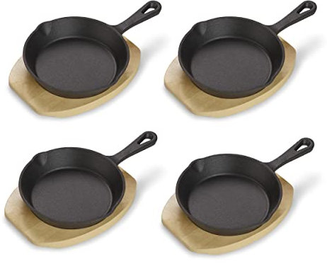 ECHTWERK Set de 4 poêles à servir en fonte, Mini poêlon avec planche de service, Petite poêle à griller, Déjà cuit, Convient pour les fours, les grils et les BBQ