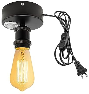 Kiven Motion Sensor Ceiling Light, Motion Activated Plug-in Ceiling lamp with E26 Socket, Industrial Motion Lights, Adjustable Delay Time for Laundry Bathroom Hallway,Matte Black
