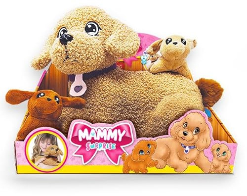 Sbabam, Mammy Surprise Big Version, peluche para perro 34 x 25 cm con cachorros, juguetes para niños de quiosco, animales de juguete para niños, muñecos de peluche suaves, muñeco regalo niña – caniche