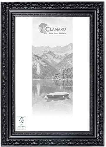 CLAMARO 'OTTO' Bilderrahmen Antik 50x75 Massivholz | Schwarz matt | 80 mm breite Shabby Chic Vintage Barock Leiste | Holzrahmen inkl. Acrylglas, Rückwand, Metall Aufhänger