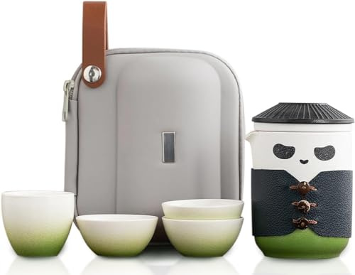 WLDOCA Tragbares Teeservice, Panda Tea Tasse Set Mit Trägertasche, 13Oz Porzellan Chinesische Teekanne Mit 4 Keramik -Teetassen, Teesieb Für Heimbüro Und Teeliebhaber,Grün