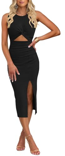 oten Women's Sleeveless Cutout Twist Front Side Slit Midi Dress, Black, S